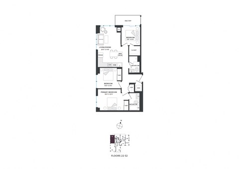 Floor plan for 3 beds, 2 baths, 888 sqft